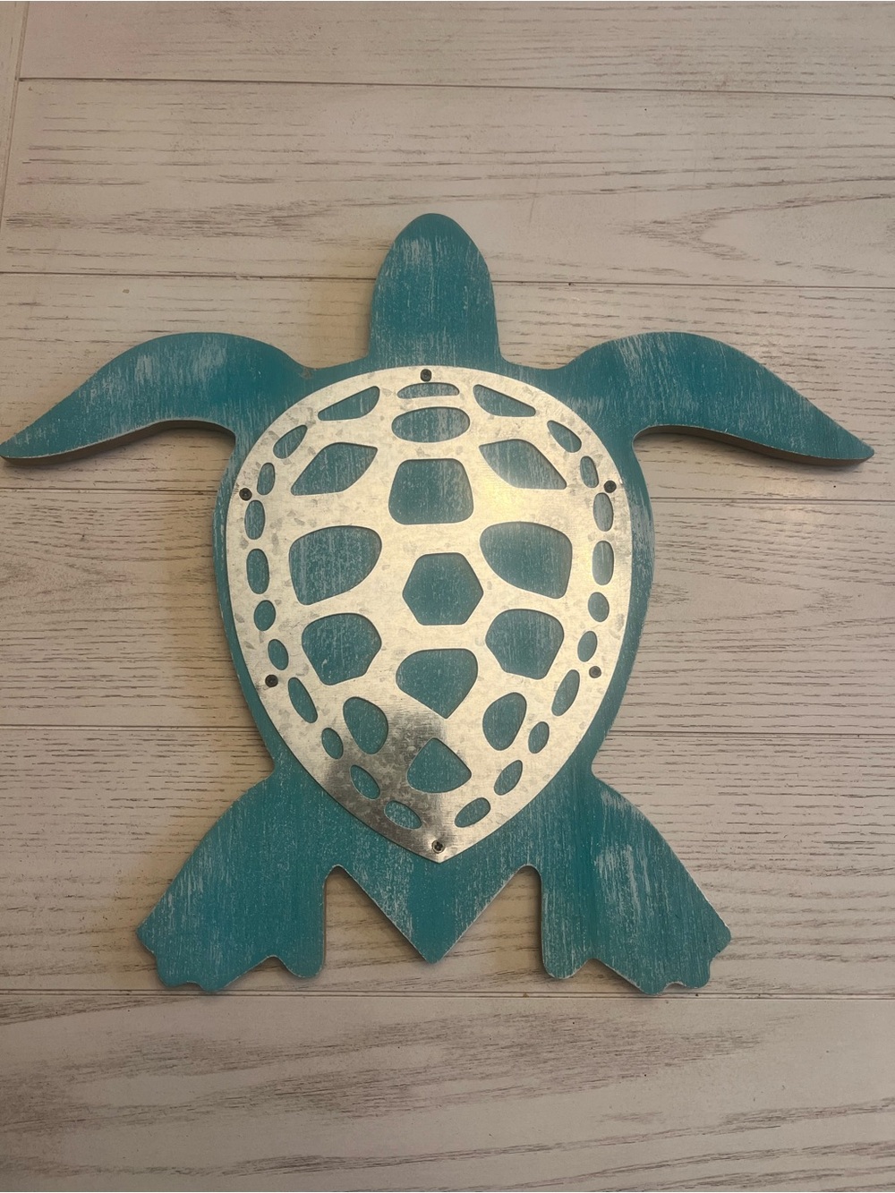 Teal Distressed Turtle Wooden Wall Decor with Silver Shell Accent - 14”x14”